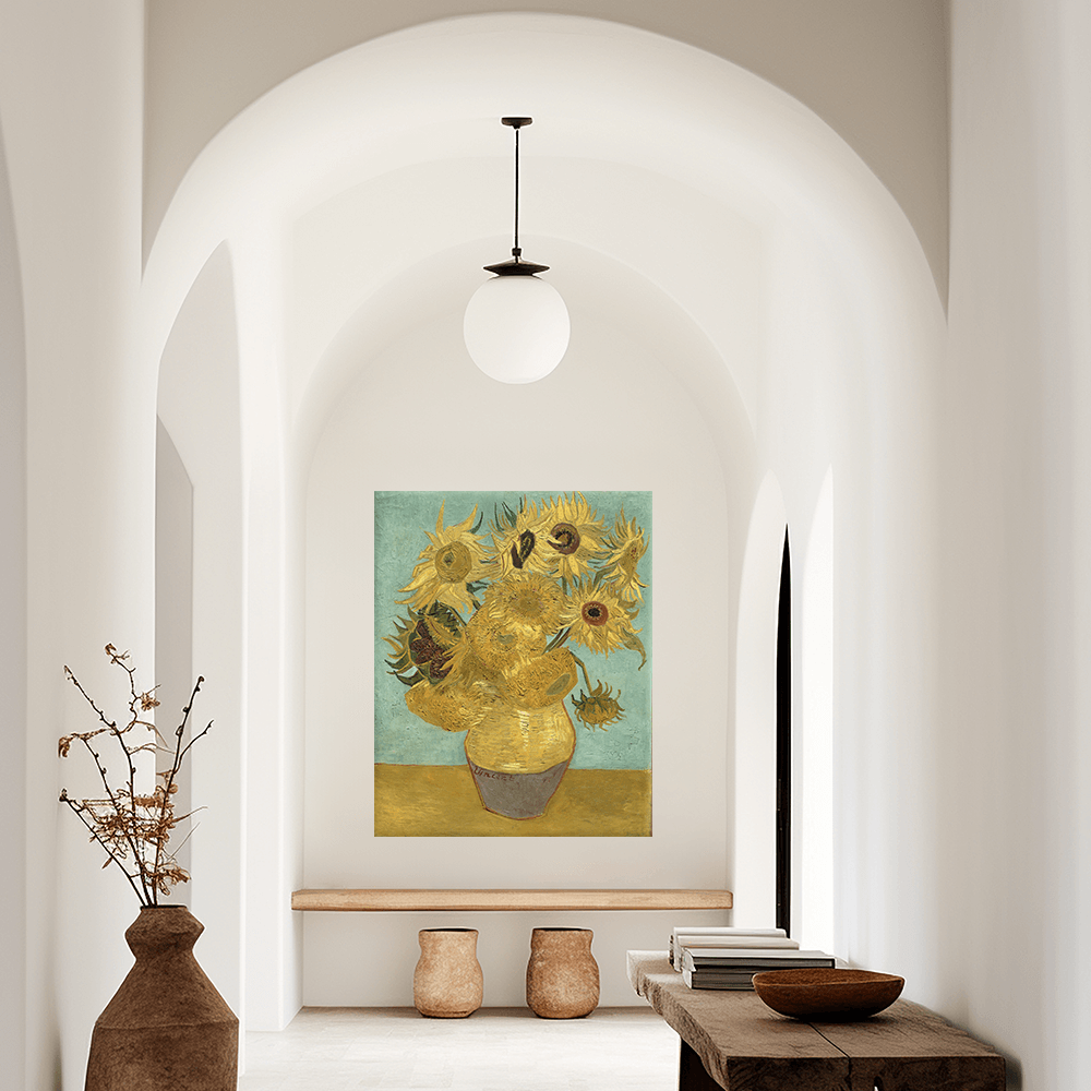 Leinwandbild - Vincent van Gogh - Zwölf Sonnenblumen in einer Vase mit grönem Hintergrund