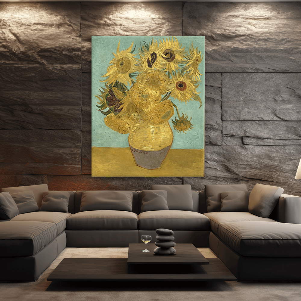 Leinwandbild - Vincent van Gogh - Zwölf Sonnenblumen in einer Vase mit grönem Hintergrund