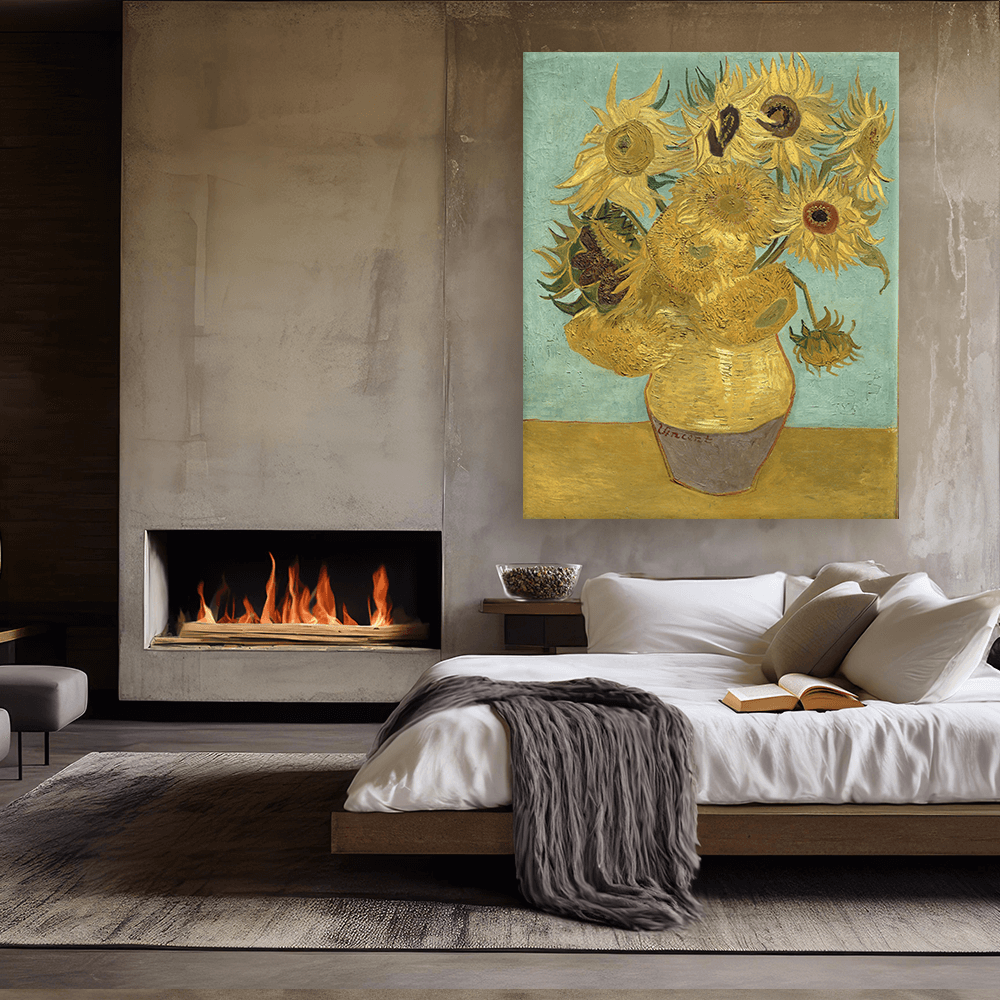 Leinwandbild - Vincent van Gogh - Zwölf Sonnenblumen in einer Vase mit grönem Hintergrund