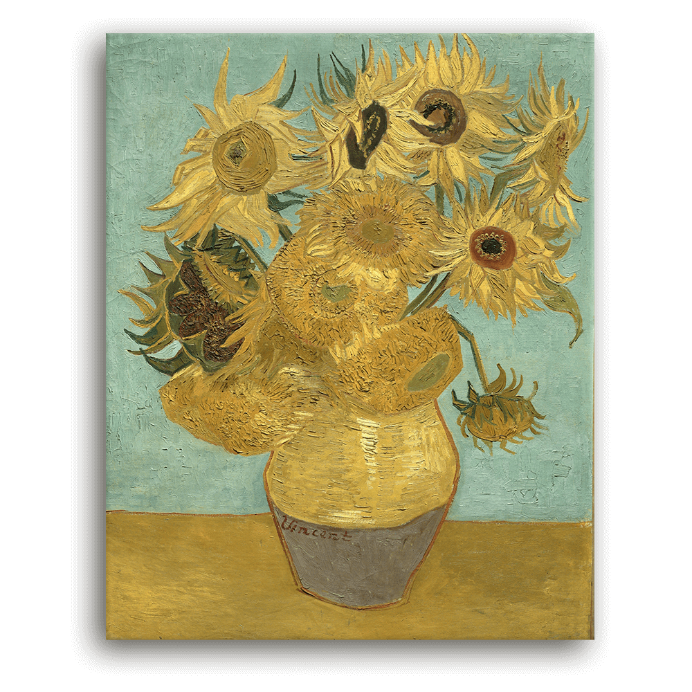 Leinwandbild - Vincent van Gogh - Zwölf Sonnenblumen in einer Vase mit grönem Hintergrund