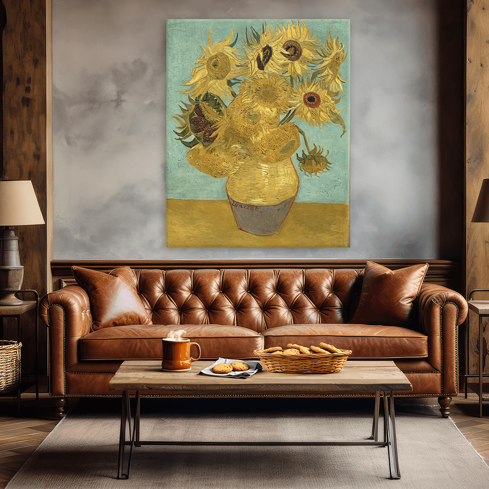 Leinwandbild - Vincent van Gogh - Zwölf Sonnenblumen in einer Vase mit grönem Hintergrund